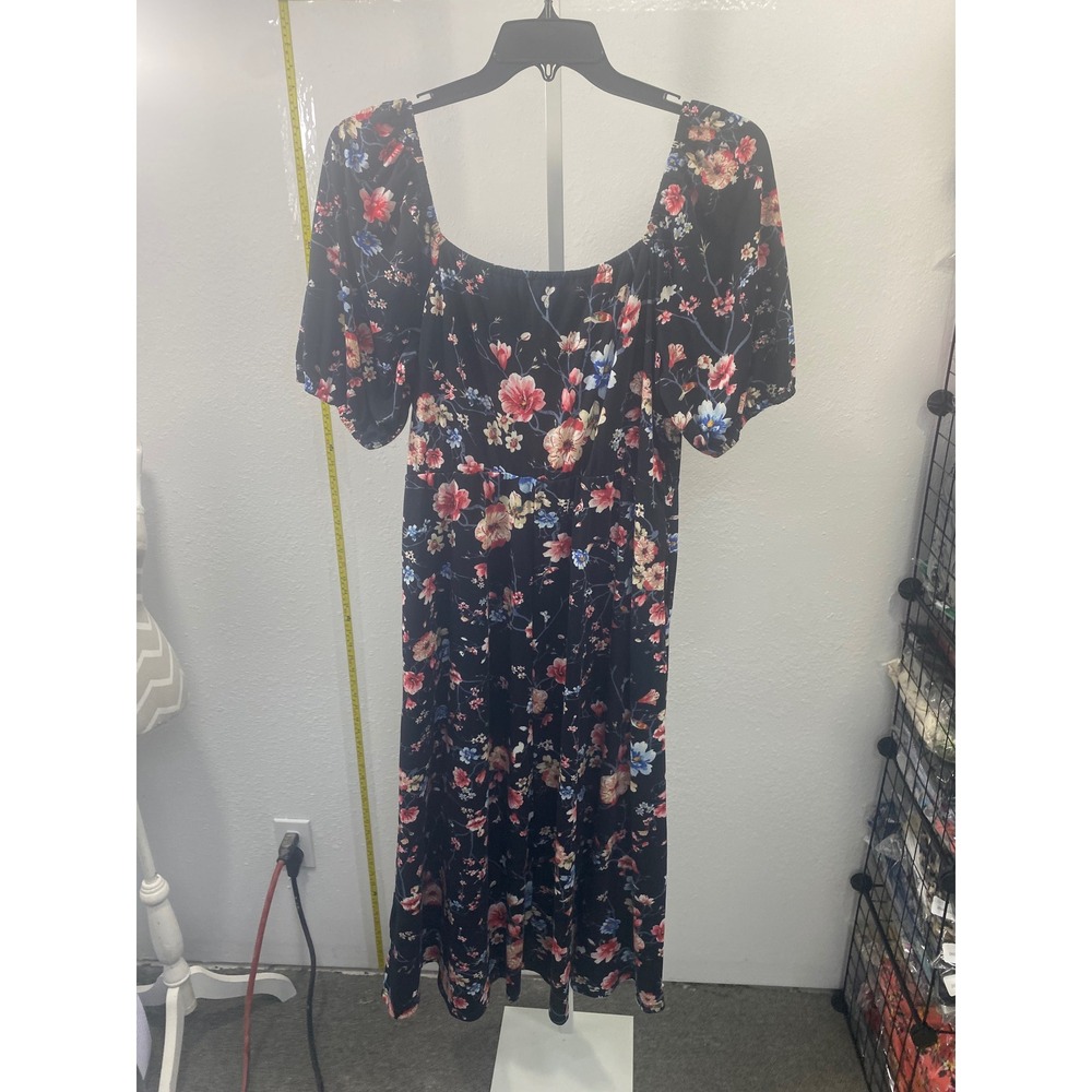 Floral Midi Dress Black‎ Short Puff Sleeve Square Neck Cottagecore Summer Dress